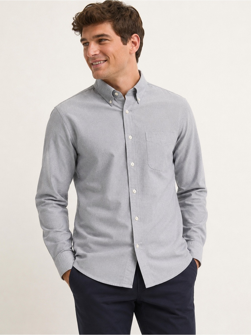 NWT L.L.Bean Men’s Gray Oxford Button Down Slightly Fitted Cotton Dress Shirt